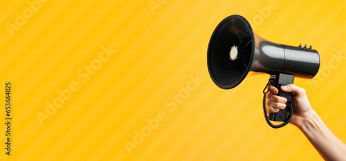 Black Friday banner design with a megaphone on a yellow background and space for offer texts. Promotional marketing discount and online shopping concept