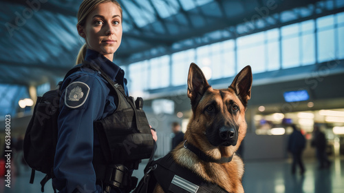 female security officer with police dog at airport - airport security concept