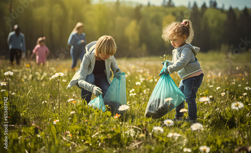 Children pick up trash in the park in honor of Earth Day