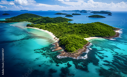 An aerial view of a tropical desert island paradise.