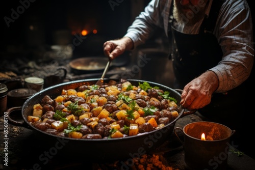 Traditional Irish stew being prepared in a rustic kitchen, Generative AI