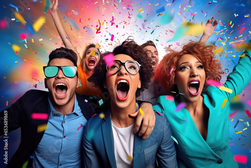 Group of cheerful young attractive people celebrating on multicolored background. Young amazed and screaming women and men. Winners. Human emotions, facial expression concept. Trendy colors.