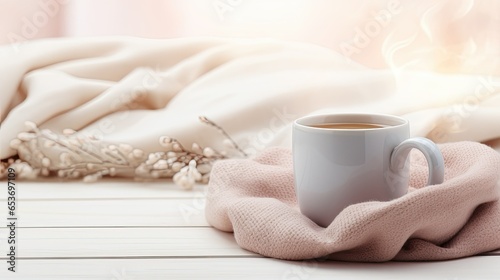a stylish cup of coffee positioned against a backdrop of neatly stacked cozy winter blankets in pastel colors.