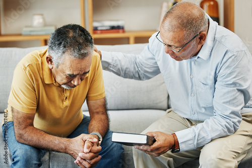 Men, home and bible with prayer for faith, jesus and worship, pastor and church with counselling. Elderly men, diversity and spiritual guidance for grief with loss and depression with hope in god