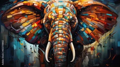 Kolorowy słoń w kolorach całej tęczy przedstawiony na abstrakcyjnym obrazie. 