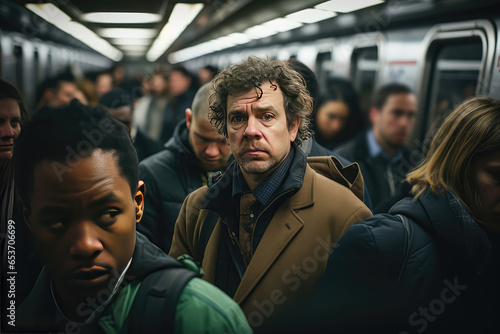 Large Crowd Of People In The Subway During Rush Hour, Commuting Home On Trains After Long Day Of Work Everyone Appears Exhausted