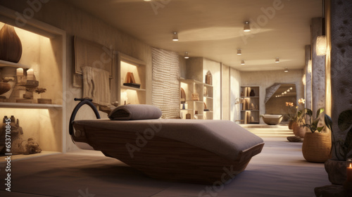 Stylish room interior with massage table in spa salon.