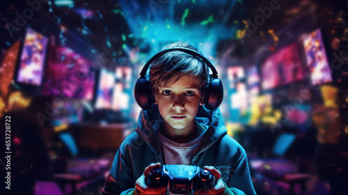 Kid gamer wearing with headphones and game controller
