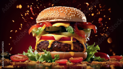 hamburger with beef meat bun with salad, cheese cheddar and sauce juicy and appetizing. Meat burger Gourmet, cheese, pickle, onion, lettuce, tomato, Illustration. Big burger close up. Generative Ai