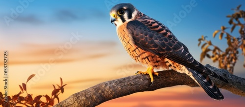 A stunning Hobby falcon perches on a branch beneath a sunset sky