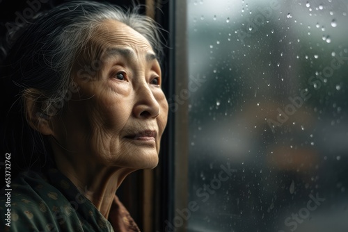 Senior asia woman sad and depressed looking out of the window with raindrops on the glass window on a rainy day ,Generative AI.