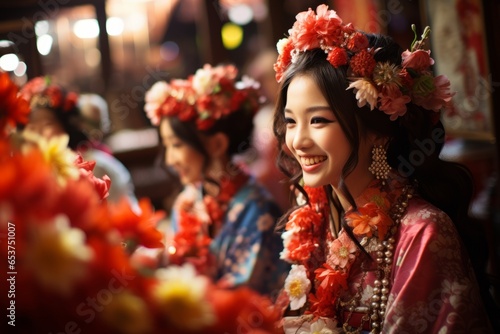 Geisha Elegance - Smiling Women in Traditional Kimonos With Graceful, Serene, and Elegant Vibes.