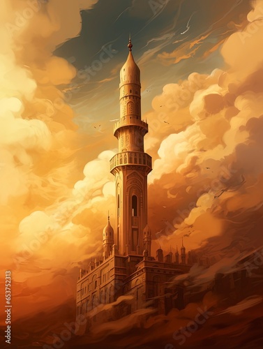 Depicts the minaret of an Islamic mosque, focusing on architectural details, rendered in impressionism style, generative ai