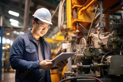 Maintenance engineer using tablet checking up on factory engines parts for fixing and repair, Smart service diagnostics software concept.