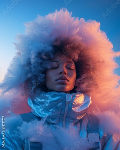 A surreal dreamscape of a woman with puffy hair and jacket, suspended among swirling clouds of smoke and neon colors in the sky, evoking a sense of exploration and possibility