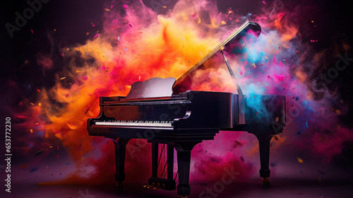 World music day banner with grand piano on abstract colorful dust background. Music day event and musical instruments colorful design