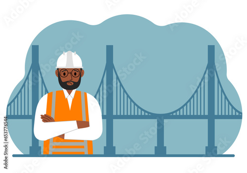Male civil engineer next to the bridge. The concept of civil engineering and construction.