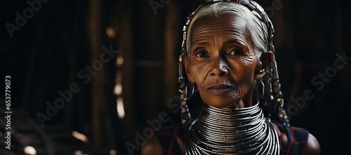 Long-necked Kayan woman wearing traditional brass neck rings in a village in Myanmar,Generated with AI
