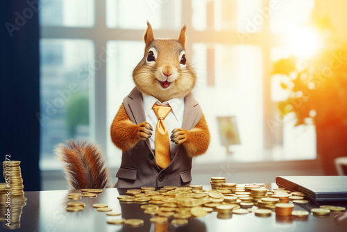 Smiling squirrel as a businessman who knows how to earn money and make savings. Golden coins on the office table. Generative AI