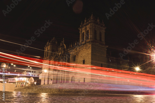 Historic Colonial Buildings on the Plaza de Armas Square with Many Visitors at Night, Cusco, Peru, South America