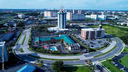 Orlando Florida. Orlando United States. Panorama aerial landscape of landmark outlets shops near expressway road. Travel destinations. Vacations Travel. Orlando Florida. Orlando United States.