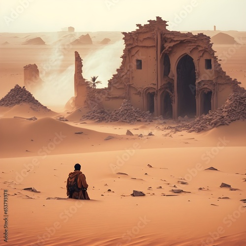 fantasy ruins buried in sand desert landscape sand storm 35 mm photography 70s movie figure in foreground 