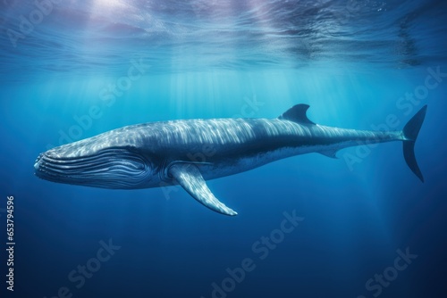 Blue whale underwater swimming in the depths of the ocean