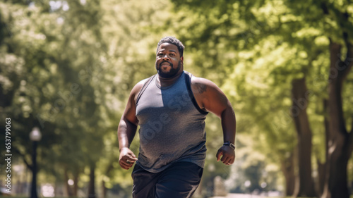 a chubby black man exercising, a healthy jogger walking in a city park.