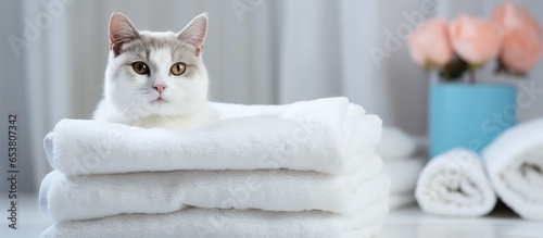 Humorous cat spa caring for animals in a cozy scene with white towels
