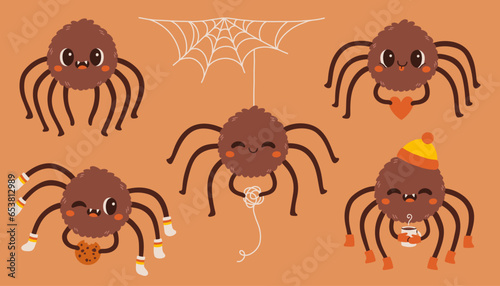 Halloween cute spider set. Cartoon spider mascot collection set. Set of spiders for Halloween stickers