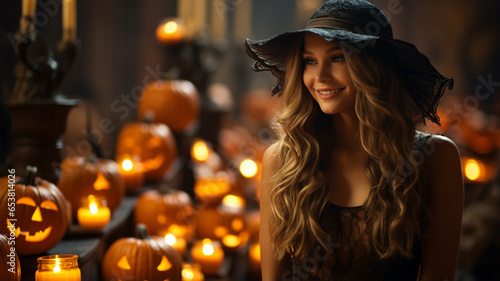 beautiful woman dressed in witch costume for halloween