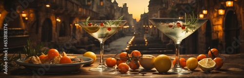 Cocktail glass of martini with alcohol and the addition of olives and lime. A chilled drink for a party. Triangular shaped bowl on a long stem with a cocktail, festive background with space for text. 
