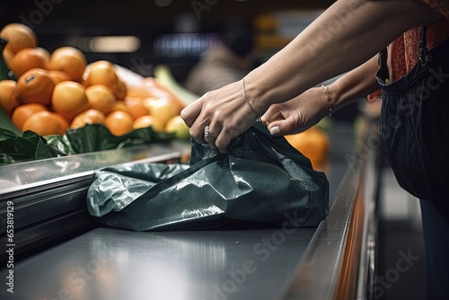 Person's hands packing food in green reusable bag at groceries store. Ecology concept, save the planet.