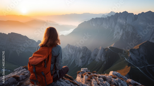 Hipster young girl with backpack enjoying sunset on peak of foggy mountain. Tourist traveler on background view mockup. Hiker looking sunlight in trip in Spain country, mock up text.