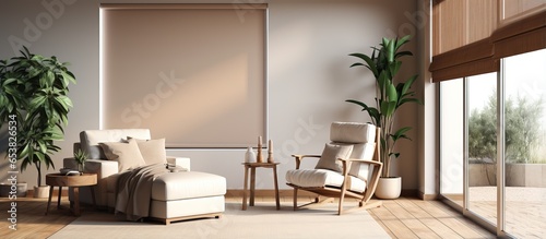 Motorized roller blinds automatic solar shades modern interior with relax chair electric sunscreen curtains for smart home