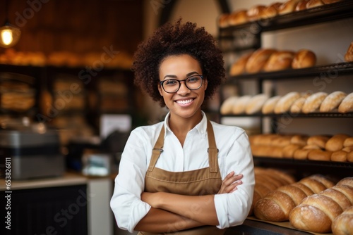 Black African American baker woman Smiling happy face portrait at a bakery