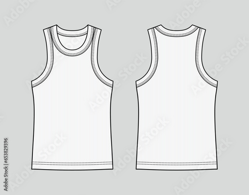 Ribbed tank top. Women's casual wear. Activewear t-shirt. Vector technical sketch. Mockup template.