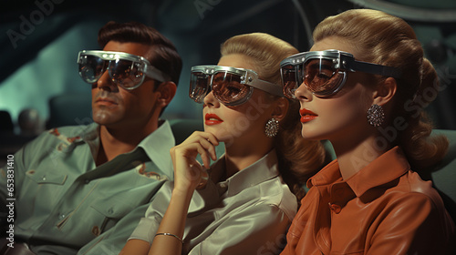 A 1960s-inspired family watching a holographic 3D movie at home, Retrofuturism
