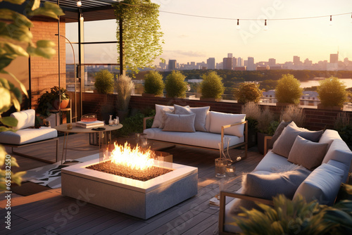 A modern rooftop terrace with a built-in seating area, an outdoor fireplace with a geometric facade, and a mix of potted plants and greenery, create a serene and stylish urban retreat