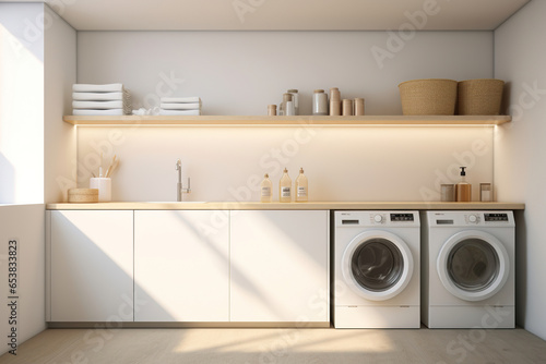 A minimalist laundry room with sleek, white cabinetry, a concealed washer and dryer, and a single open shelf displaying a collection of minimalist storage containers