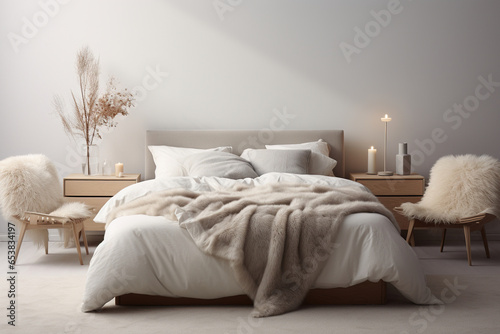 Modern Scandinavian bedroom with a statement-making upholstered headboard, a white faux fur rug, and an assortment of textured throw pillows in neutral hues