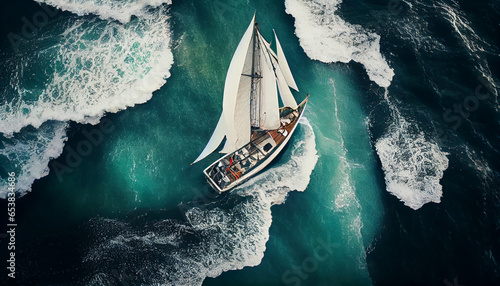 From above view sailing boat on rough sea, background, Ai generated image