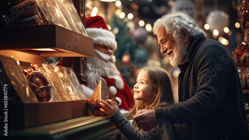 A pretty little girl chooses Christmas presents with her grandfather in a toy store.