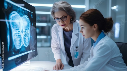 A senior experienced employee helps a young new girl at work by showing a brain X-ray in the field of innovative and advanced medicine and neurophysiology.