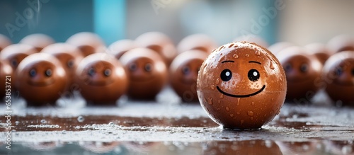 Brown balls in the background laugh while one brown ball in front appears sad and depressed related to discrimination bullying and mental illness