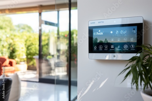 Smart Home Digital Control on a Living Room Wall, Offering a View of a Large Window with Roller Shutters Half Closed, Embracing Modern Home Automation