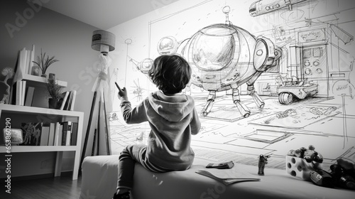 A sweet image of a child at home, eagerly drawing a picture of themselves on the wall while wearing a jetpack, the child's eyes full of flying fantasies, the picture capturing their desire to be a lea