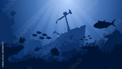 Underwater life with coral reefs and shipwreck vector illustration. Ocean bottom of sea world wildlife. Underwater landscape for background, wallpaper or landing page. Deep sea silhouette vector