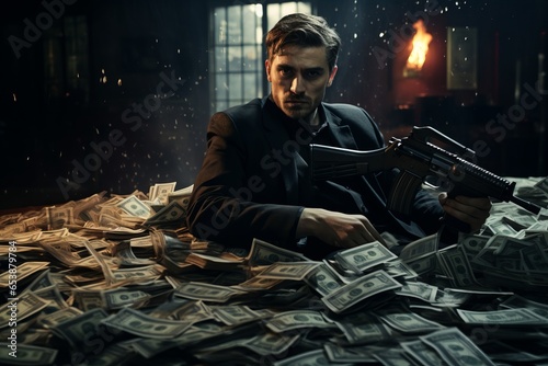 Lone man, armed with a gun, surrounded by towering stacks of cash in a tense heist scene.