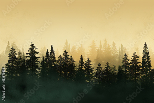 Fir Tree Silhouettes In Varying Shades Of Green With Yellow